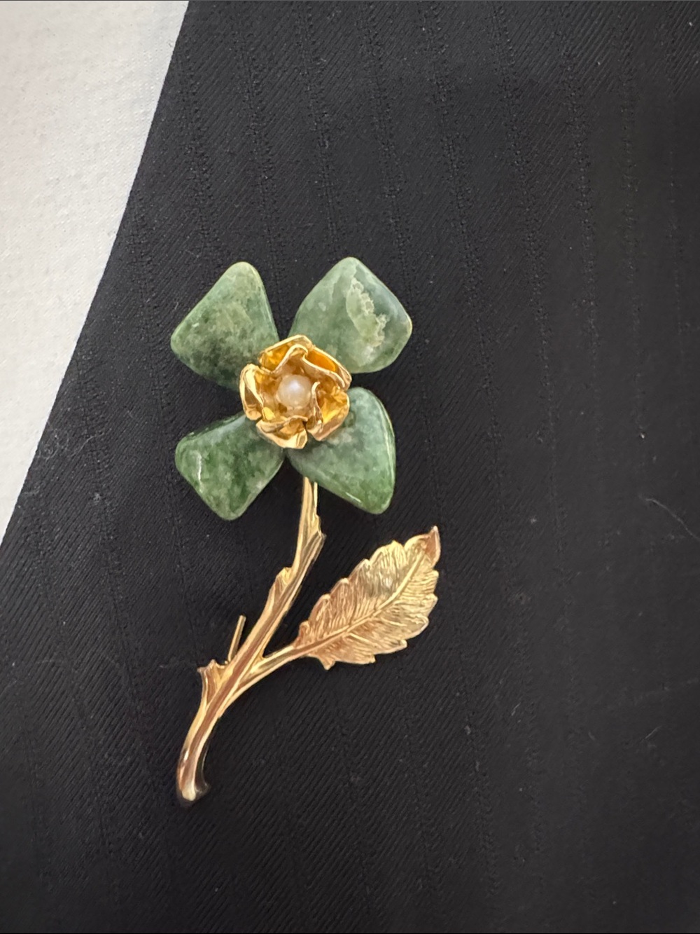 Gold-Tone Green Stone Flower Brooch with Pearl Center